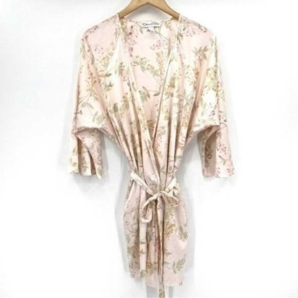 Oscar De La Renta Vintage Pink Satin floral Flare 3/4 Sleeve Pocket Medium Robe